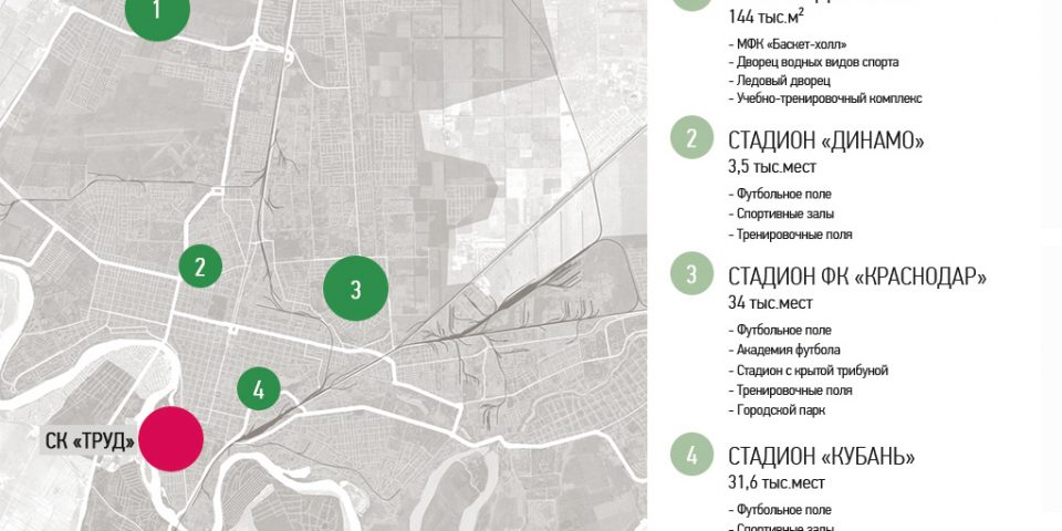Проектный участок на карте крупных спортивных объектов Краснодара